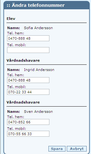 Ändra telefonnummer Om funktionen adressändring är aktiverad i Dexter samt om Karin är klassföreståndare/mentor kan Karin registrera telefonnummer för Sofie och hennes vårdnadshavare.