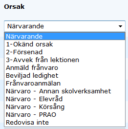 Frånvaroorsaker Utöver de traditionella frånvaroorsakerna, finns det även frånvaro som redovisas som närvaro på annat ämne.