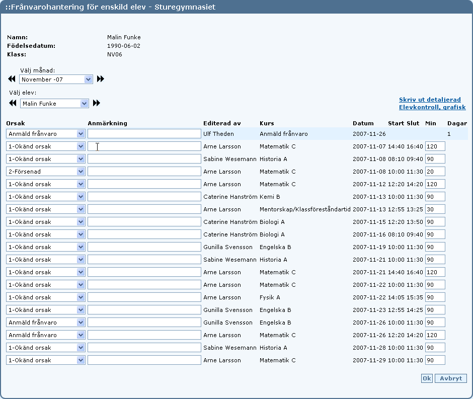 Detaljerad lista över frånvaroposter För att fördjupa sig ytterligare på en elev klickar man på Elevkontroll, detaljer Man får då fram en detaljerad lista över alla frånvaroposter per månad/vecka I