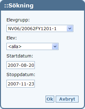 Statistik för enskilt ämne Man kan få fram hur närvaro/frånvaro statistiken för en enskild grupp ser ut. Detta ger också den genomförda tiden i ämnet/kursen Välj Klassrummet Elevfrånvaro Mina elever.