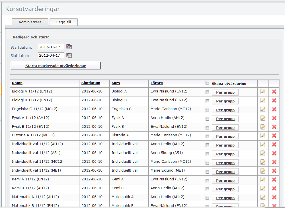 Kursutvärderingar I Kursutvärderingar hittar du alla kurser som vi har läst in från skolans schemafil. Varje lärare har en liknande lista med enbart sina kurser.