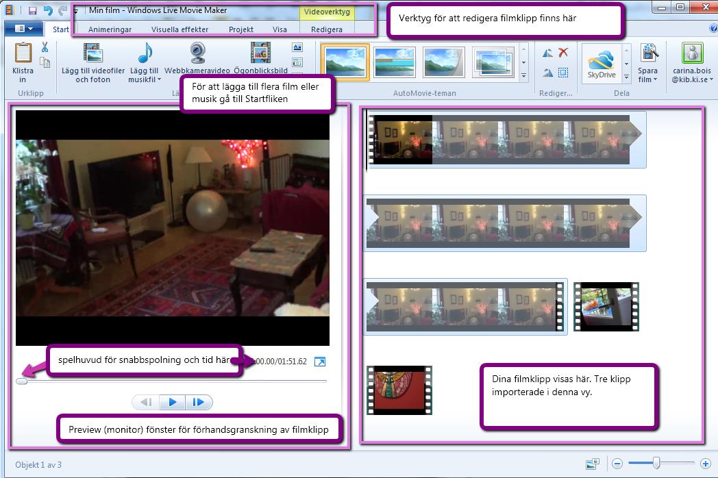 Du ska importera dessa filmklipp i Windows Live Movie Maker (WLMM) och använda programmet för att skapa en film som sedan ska publiceras till YouTube (Privat). 1.