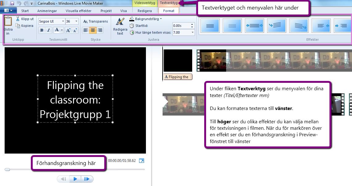 3. Spara ditt Projekt dvs filen i WLMM. Gå till Movie Maker ikonen och välj Spara projekt som. Spara med ditt namn under Video/Filmer. Projektet sparas som en Windows Live Movie Maker projekt (.wlmp).