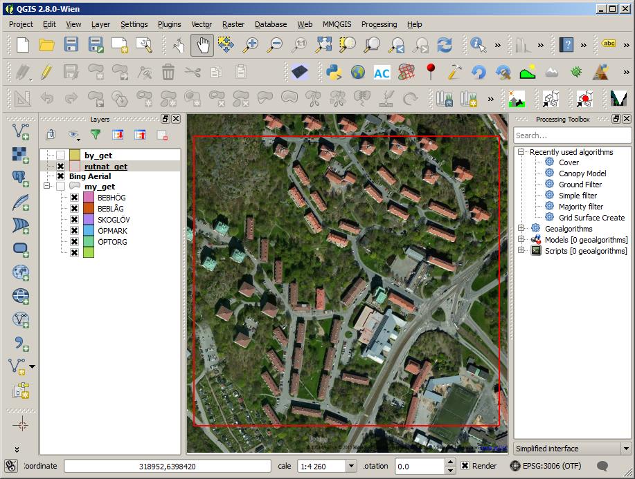 Figur 1. Det grafiska gränssnittet för QGIS 2.8. Flygbilden är hämtad från Bing maps med hjälp av insticksprogrammet OpenLayers plugin. och LAStools.