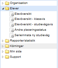 Elever För att söka fram elever finns olika menypunkter under menyn Elever Elevöversikt Elevöversikt klassvis Elevöversikt Studievägsvis Det som skiljer de olika