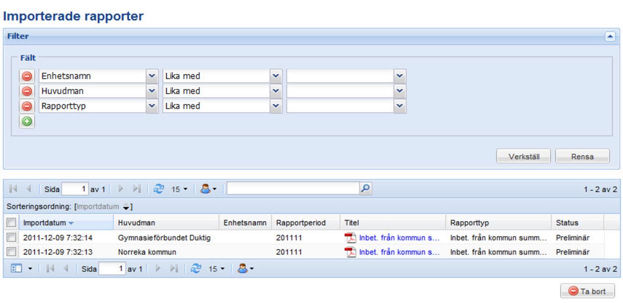 Importerade rapporter Under Rapporter & statistik Importerade rapporter visas de underlagsrapporter som tillhör huvudmannen eller enheten.