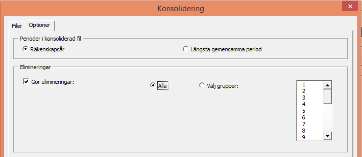 En gruppkolumn visas till vänster. Man kan välja upp till 25 grupper att eliminera. Gruppering är användbart när man konsoliderar olika delar eller nivåer i en organisation.