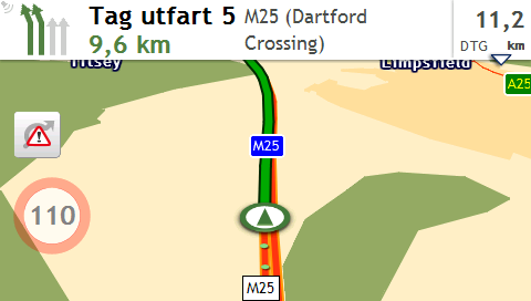 Hur ser jag min färdväg? Körkartan När en färdväg har beräknats kommer kartskärmen att visas. Du kommer att dirigeras till din destination med muntliga och visuella instruktioner.