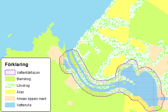 6.1 VATTENTÄKTSZON Vattentäktszonen föreslås utgöras av Skeensjön samt kanalerna till Bolmen inklusive en buffertzon på land med en gräns 50 meter från strandlinjen, se Figur 6-1.