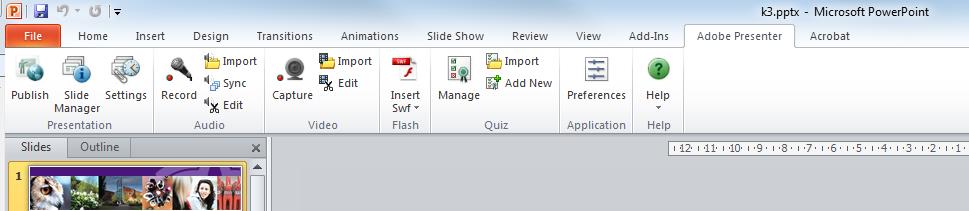 IT-avdelningen. Var hittar jag Adobe Presenter? Adobe Presenter ligger som en flik bland de andra flikarna i PowerPoint.