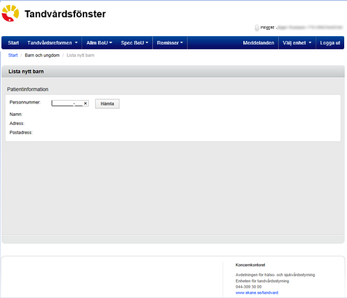 8 (34) Systemet visar följande bild: Användaren anger patient genom att skriva in personnumret och klickar därefter på knappen Hämta Systemet hämtar upp och visar barnets namn, gatuadress och