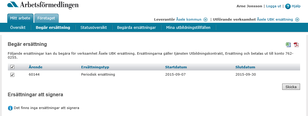 Handlingar inom ersättningsärenden Bild 26. Fliken Innehåll Därefter går du till fliken Övrigt, där du klickar på Skapa för att skicka in den periodiska rapporten till Arbetsförmedlingen.