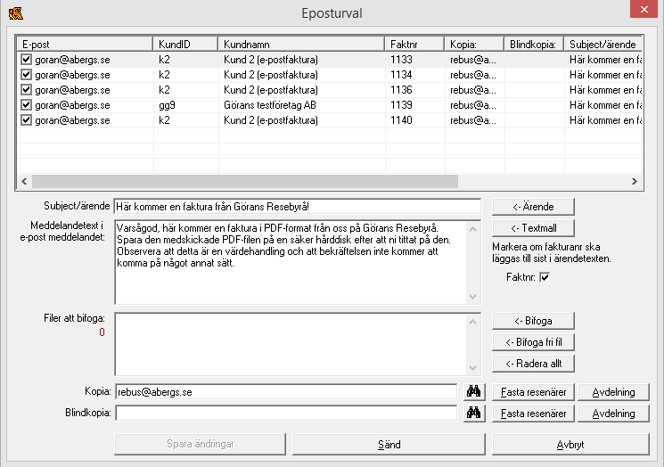 E-postfaktura Fakturor till de kunder som är inställda på E-postfaktura kommer att hamna i mittenrutan. Ovanför rutan med e-postfakturor finns fältet Sändkvitto efter varje e-postad faktura?