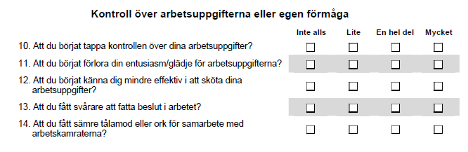 SVS syftar till att indikera lätta-måttliga symtom på viss tids stress Två skalor Två skalor UVS syftar till att indikera egentlig utmattning Excel-blad för f r snabb inmatning 28 frågor i 6