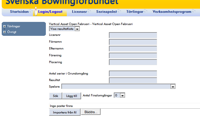 Rapportera resultat Klicka på resultat i menyn till vänster och i nya bilden på ändra Du möts av följande vy Sök och lägg upp spelare En spelare kan man lägga upp på två sätt, antingen med eller utan