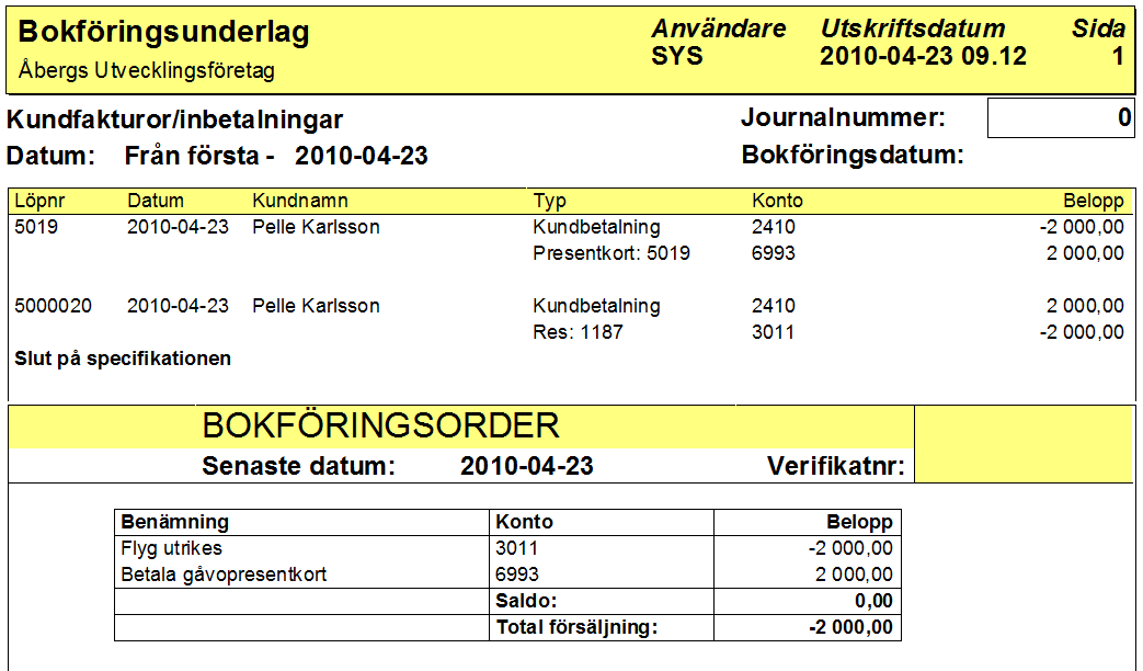 När kunden kommer in och vill betala en beställning med ett gåvopresentkort, måste säljarna välja rätt betalsätt. I detta fall betalsättet Presentkort, gåva, konto 2410.