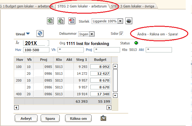 Du ska nu föra över värden för baskonto 5013 från STEG 1 till budget på stödverksamheternas projekt.