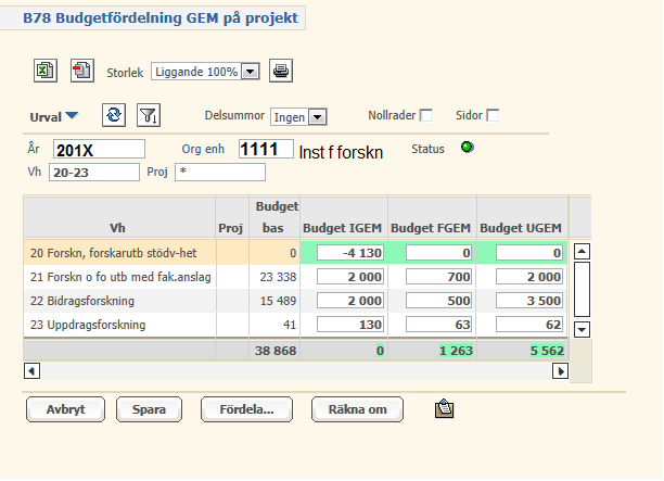 Instruktion vid budget (instr. vid prognos se sid 55): Nu ska du budgetera motbokningen av UGEM, FGEM och IGEM på stödverksamheten.