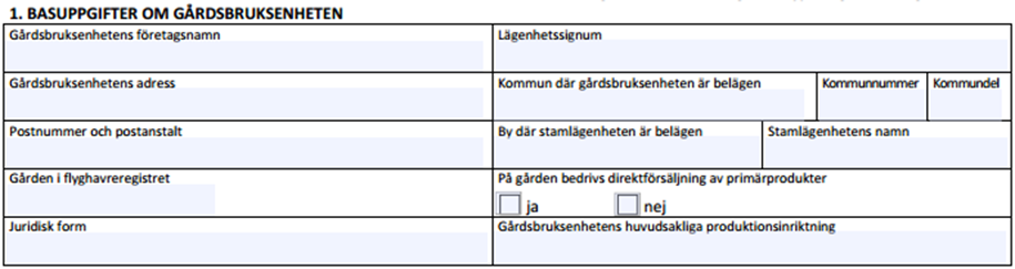28 Stödansökan 101B Delaktiga i gårdsbruksenheten 101D, om det har skett förändringar i uppgifterna för 2012 Stödansökans basskiftesblankett 102A Stödansökans jordbruksskiftesblankett 102B