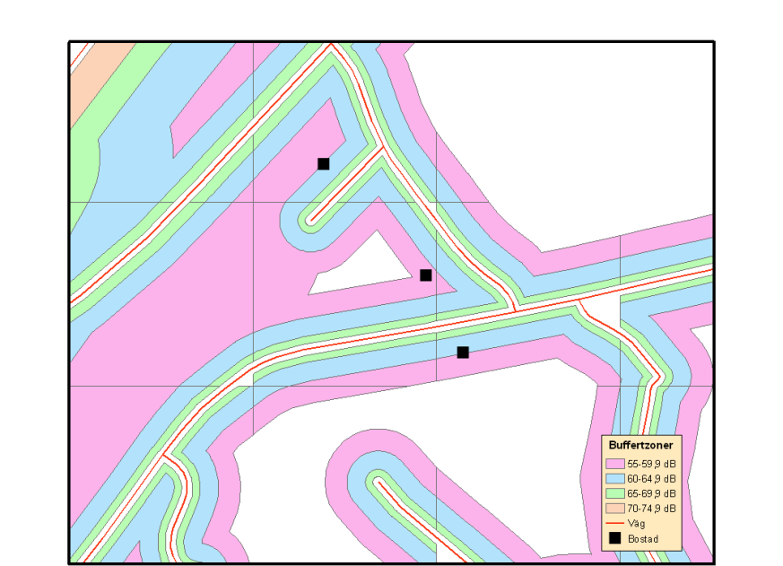 Trafikbuller och nybyggda bostäder Deluppdrag 1 I detta deluppdrag gjordes beräkning och analys av bullernivåer från väg- och tågtrafik främst med hjälp av GIS-program.
