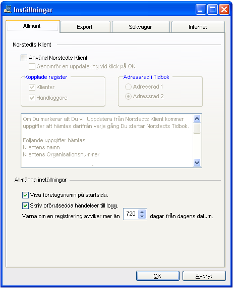 Inställningar Alla inställningar som man kan göra i programmet som inte är specifikt per företag (ex. inställningar för fakturering) är flyttade till ett och samma ställe.