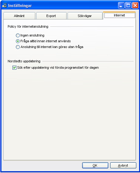 På fliken Internet finns inställningar för hur man vill att programmet skall hanterar anslutningar via Internet samt om man vill få en kontroll av nya versioner (se mer om detta nedan).