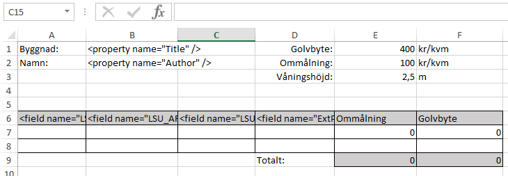 Varje kolumn i denna rad innehåller en kolumn-tagg som instruerar exportörer om vad och var kolumnnamn och fältvärden för varje objekt skall sättas in.