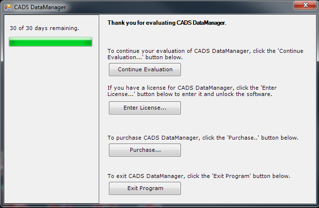 1. Installation Exekvera filen setup.exe och följ anvisningar. 2. Aktivering av licens Efter installation av CADS DataManager kan programmet användas i 30 dagar utan att aktiveras.