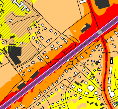 Ändring av detaljplan P56 i Vikingstad (Idrottsvägen m.fl.) Figur 1. Säkerhetsavstånd om 30 meter från ett eventuellt tänkbart nytt spårområde genom Vikingstad.