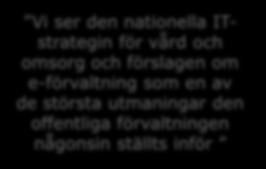 Inspel från kommuner, landsting och regioner SKL bör peka med hela handen, ha ett koncerntänk Vi sitter i knäet på leverantörerna Vi ser den nationella ITstrategin för vård och omsorg och förslagen