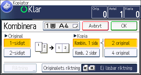 3. Copy 7. Tryck på [Komb. 2 sidor]. 8. Tryck på [Riktning]. 9.