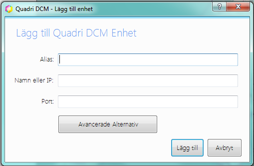 Ange här ett Alias för servern tex Quadri DCM Företagsnamn Det är inte nödvändigt men är praktiskt om alla ger servern samma alias.