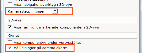 Nya funktioner har lagts till i Kontrollpanelen på fliken Vyer. Figur 20: Nya funktioner i kontrollpanelen. Kamerasteg när du roterar kameran i 3D-vyn snappar CET Designer till olika kamerasteg.