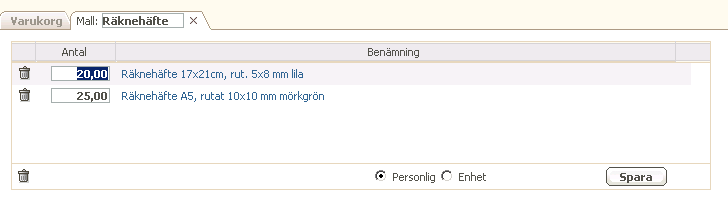 14 2.2 Skapa mall Vill du skapa en mall av de artiklar du har lagt i varukorgen kan du göra det genom att trycka på knappen Skapa ny mall: Ange ett namn på mallen i fältet för Mall och