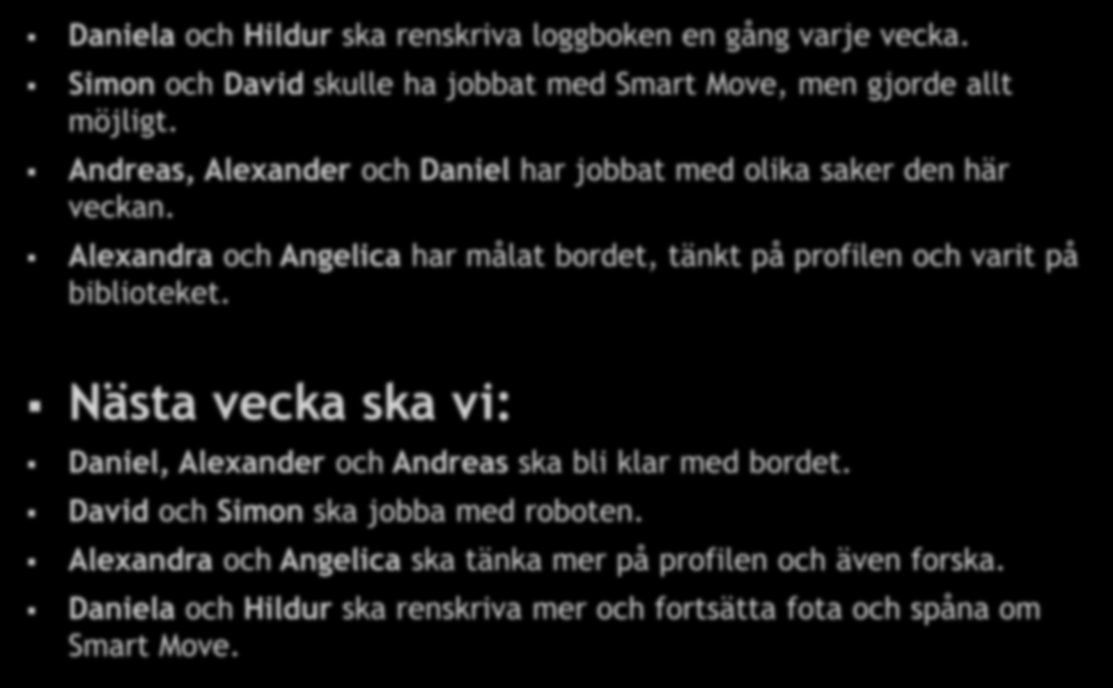 Daniela och Hildur ska renskriva loggboken en gång varje vecka. Simon och David skulle ha jobbat med Smart Move, men gjorde allt möjligt.