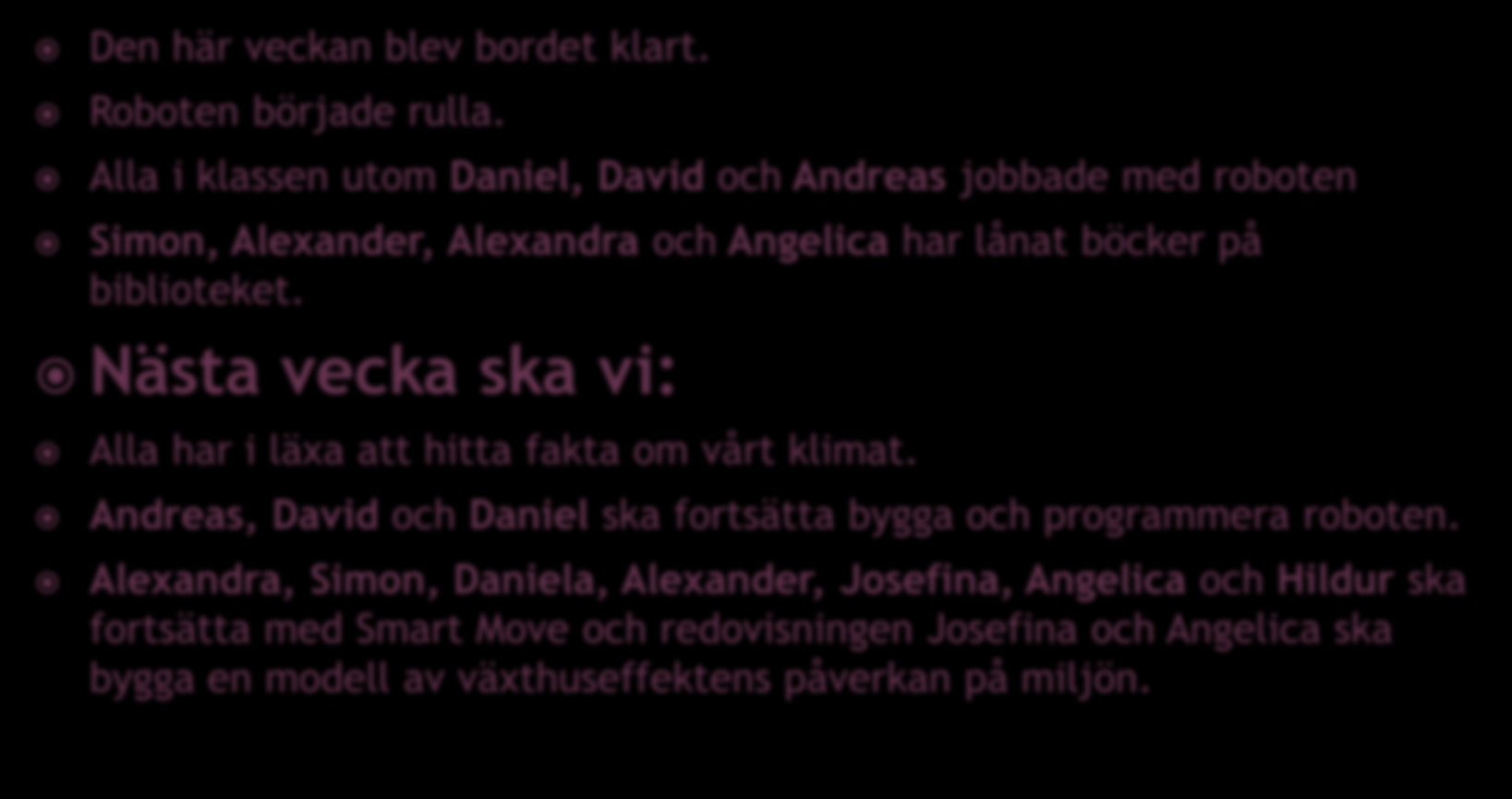 Den här veckan blev bordet klart. Roboten började rulla. Alla i klassen utom Daniel, David och Andreas jobbade med roboten Simon, Alexander, Alexandra och Angelica har lånat böcker på biblioteket.