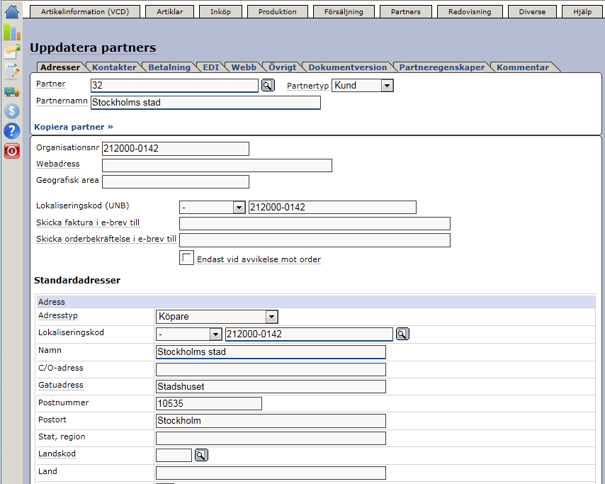 Senast Uppdaterad: 11-10-13 Exder Stockholms stad efaktura Sida 8 av 21 4.2.1 Uppdatera partners Handel i Exder sker mot en partner. Stockholms stad kommer att vara upplagd i förväg som er partner.
