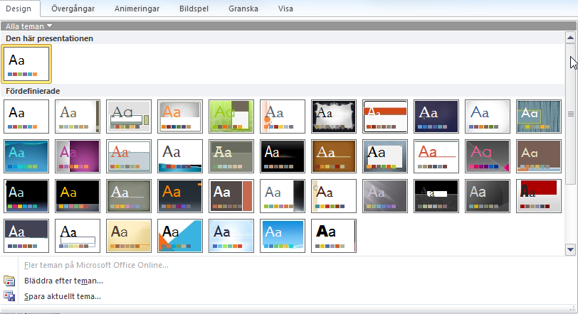 Bakgrund - Teman och mallar Teman och mallar Till PowerPoint finns många färdiga teman. I dessa ingår hela utseendet för bilderna, till exempel teckensnitt, teckenstorlek, färger och bakgrunder.