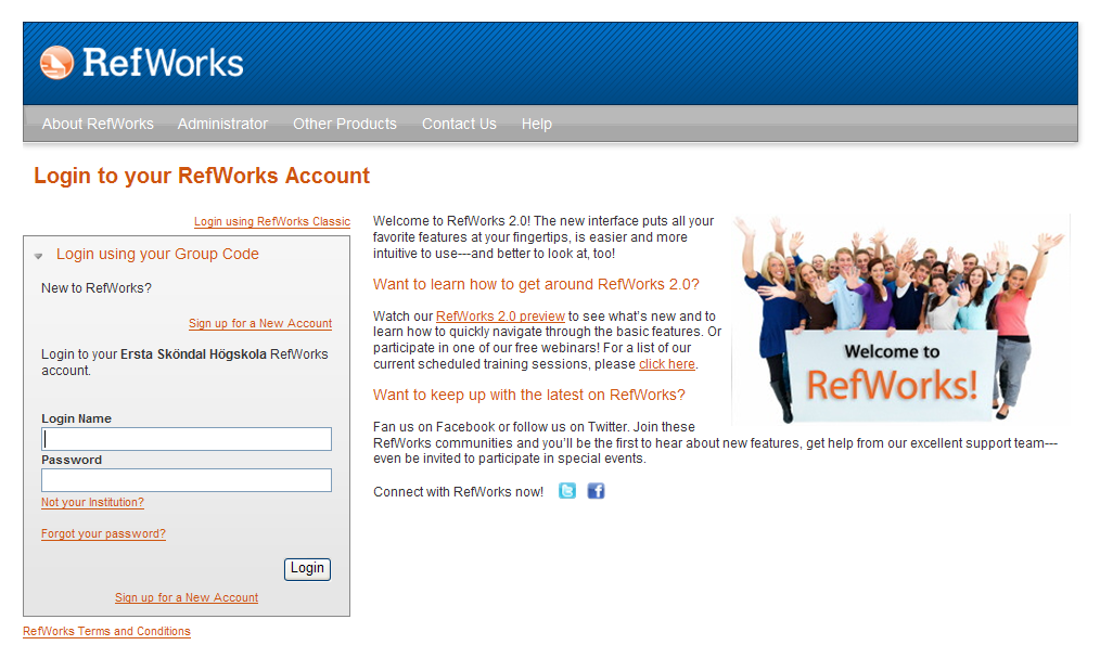 Starta RefWorks Man hittar RefWorks på www.esh.se/bibliotek Databaser och länkar i vänstra kolumnen RefWorks (till höger under Länkar) eller på direktlänken: http://www.esh.se/bibliotek/databaser-och-laenkar.