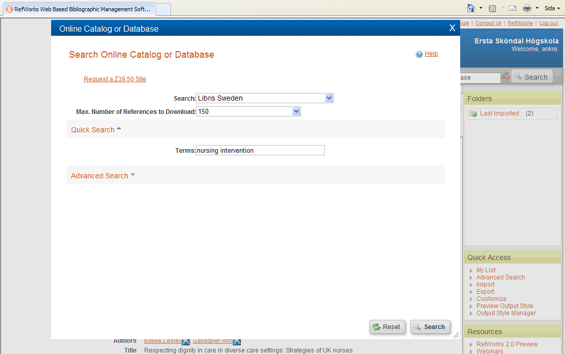 Metod B Import inifrån RefWorks Man gör sin sökning inifrån RefWorks.