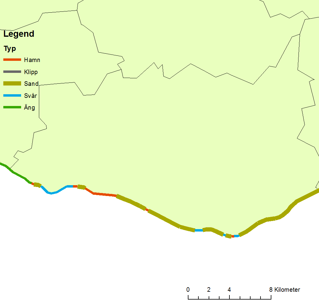 Figur 27. Fördelningen av strandtyper längs Trelleborgs kommuns kust. 3.10.