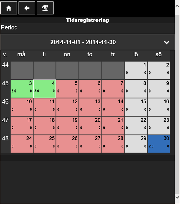 Tid I tidkalendern får du en överblick över all din registrerade tid under månaden. Du väljer vilken månad (löneperiod) du vill se genom att trycka i fältet Period.