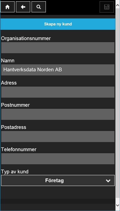 För att lägga upp en ny kund via sökning, tryck på knappen Fyll sedan i den information som du vill söka på.