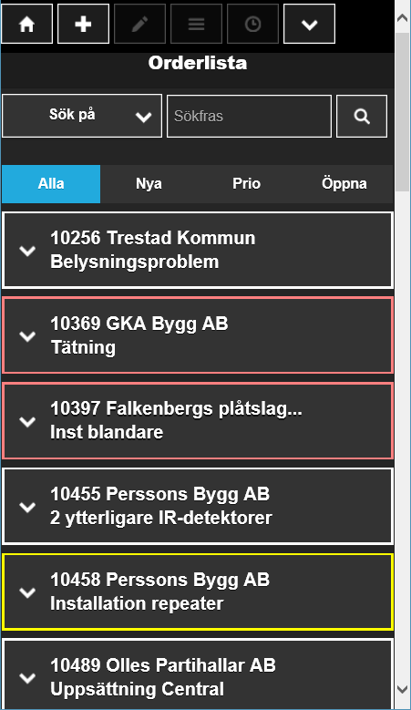 Arbetsorderlistan När du trycker på symbolen för order, visas en lista på alla de order som just du är ansvarig för, alternativt deltagare på.