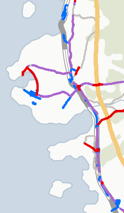 Figur 8. Cykelvägar i FÖP-området som upplevs vara osäkra, röd, respektive mycket trafikfarliga, lila.