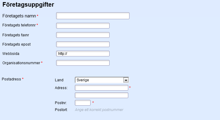 Fyll i administratörsuppgifterna för ditt användarkonto. Fyll i dina företagsuppgifter.