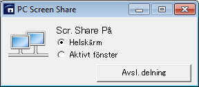 Att dela datorns skärm 2. Klicka på [Avsl. delning]. För att starta PC Screen Share igen klickar du på [Starta deln.]. Koppla ifrån datorn 1. Öppna dialogrutan PC Screen Share. 2. Klicka på [Stäng] i det övre högra hörnet av dialogrutan PC Screen Share.