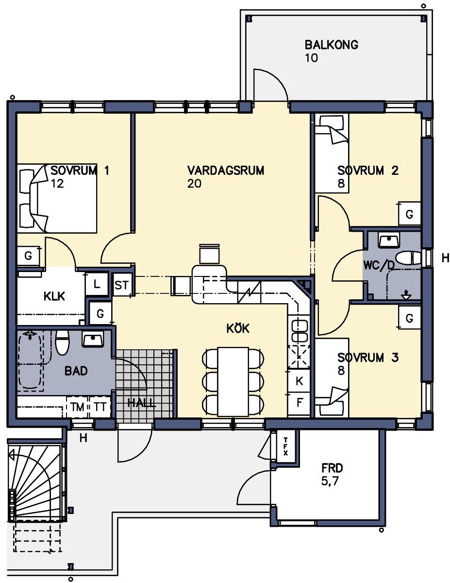Exempel på lägenhetsplaner Fyra rum och kök, bottenvåning, 85 m 2 Två uteplatser får du som bor i markplan.