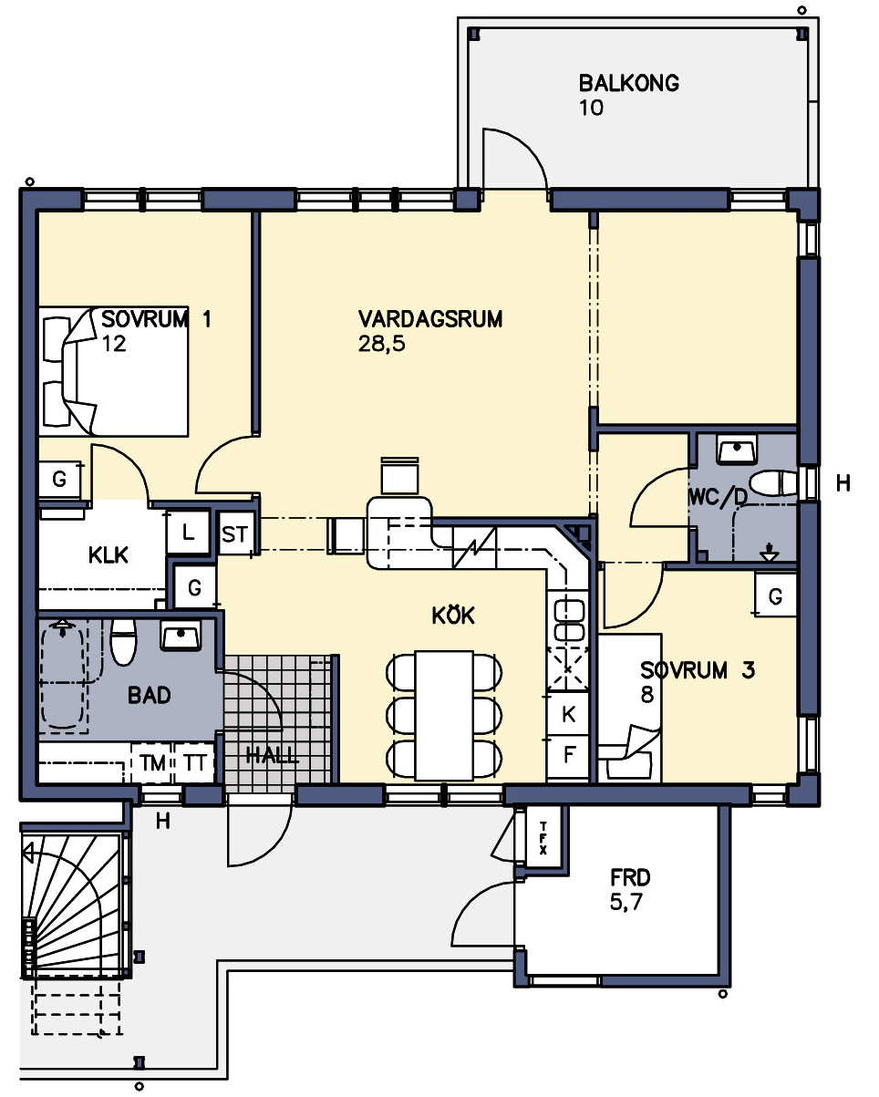 Tre rum och kök, BOTTENVÅNING, 85 m 2 Närmare 30 kvadratmeter blir vardagsrummet när fyran blir en trea med