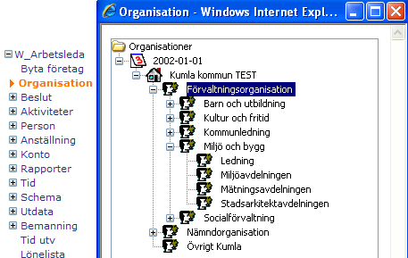 Organisation Du måste alltid ha en organisation vald för att kunna arbeta vidare i självservice arbetsledare.